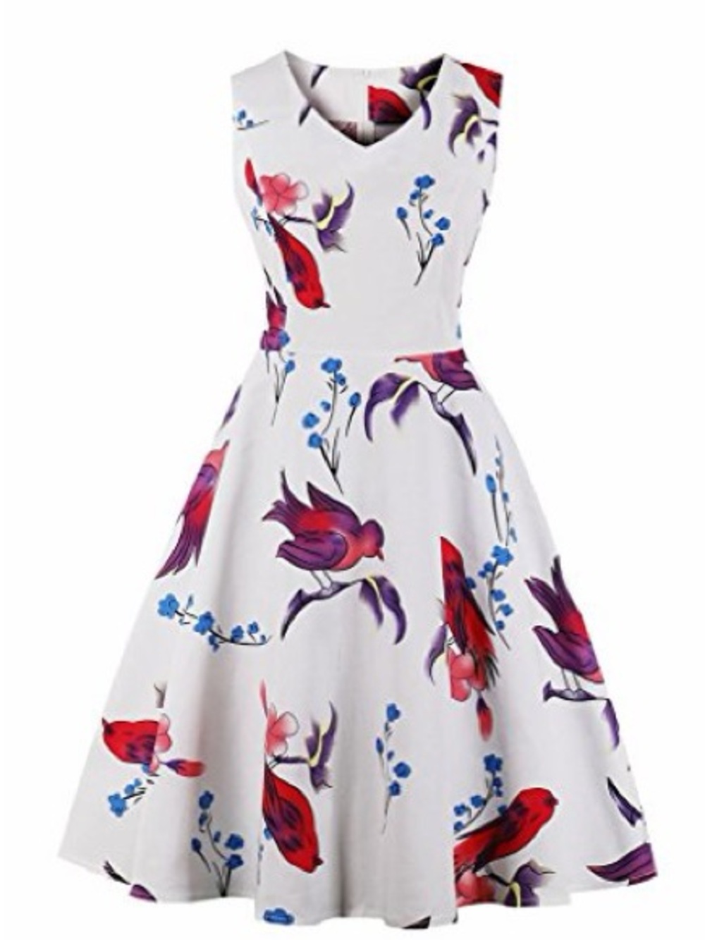 White Floral & Bird Fit-and-Flare Dress
